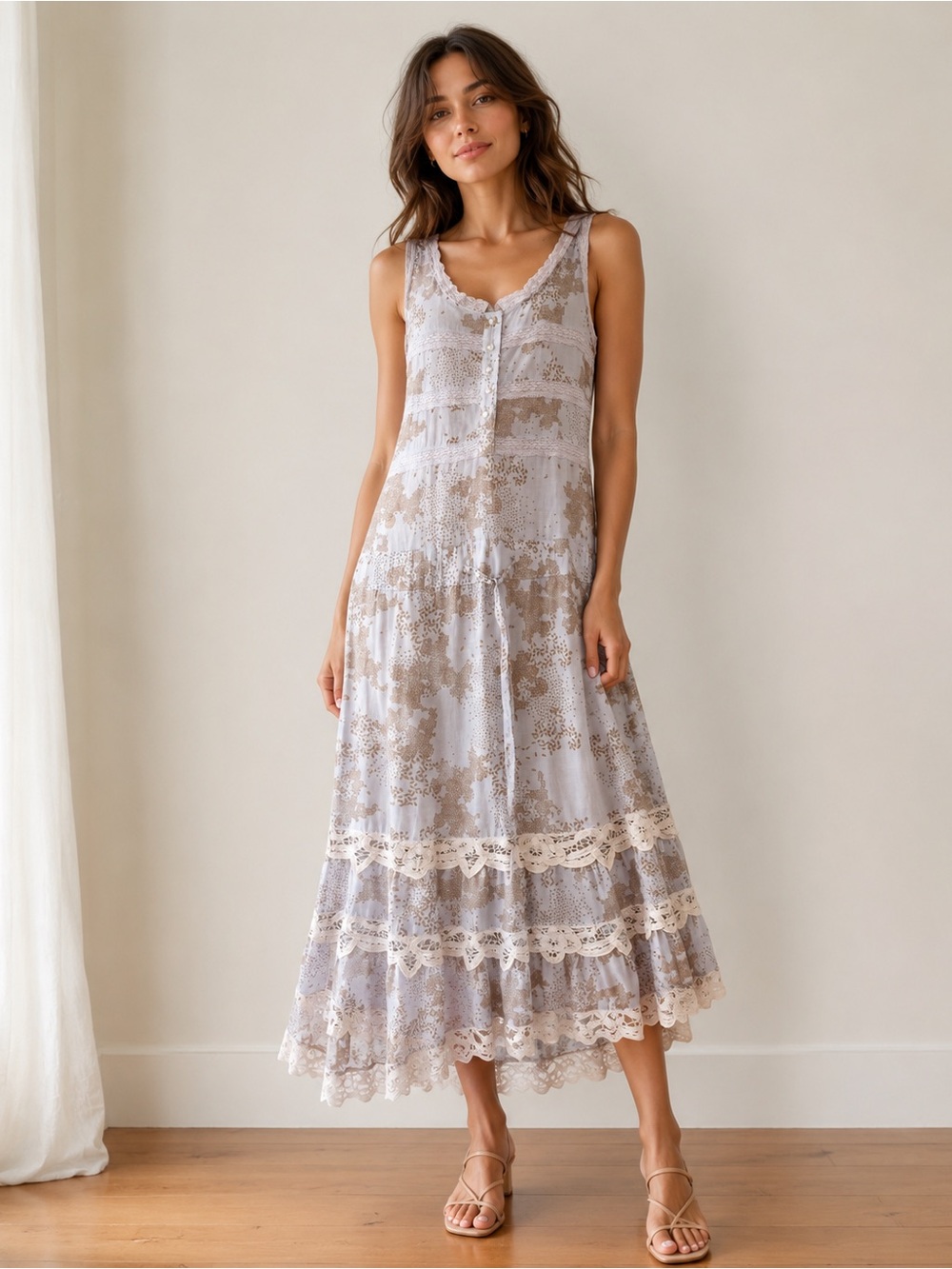 Twinkle by Wenlan Size 4 Boho Lace Tiered Maxi Dress Gray Taupe Floral